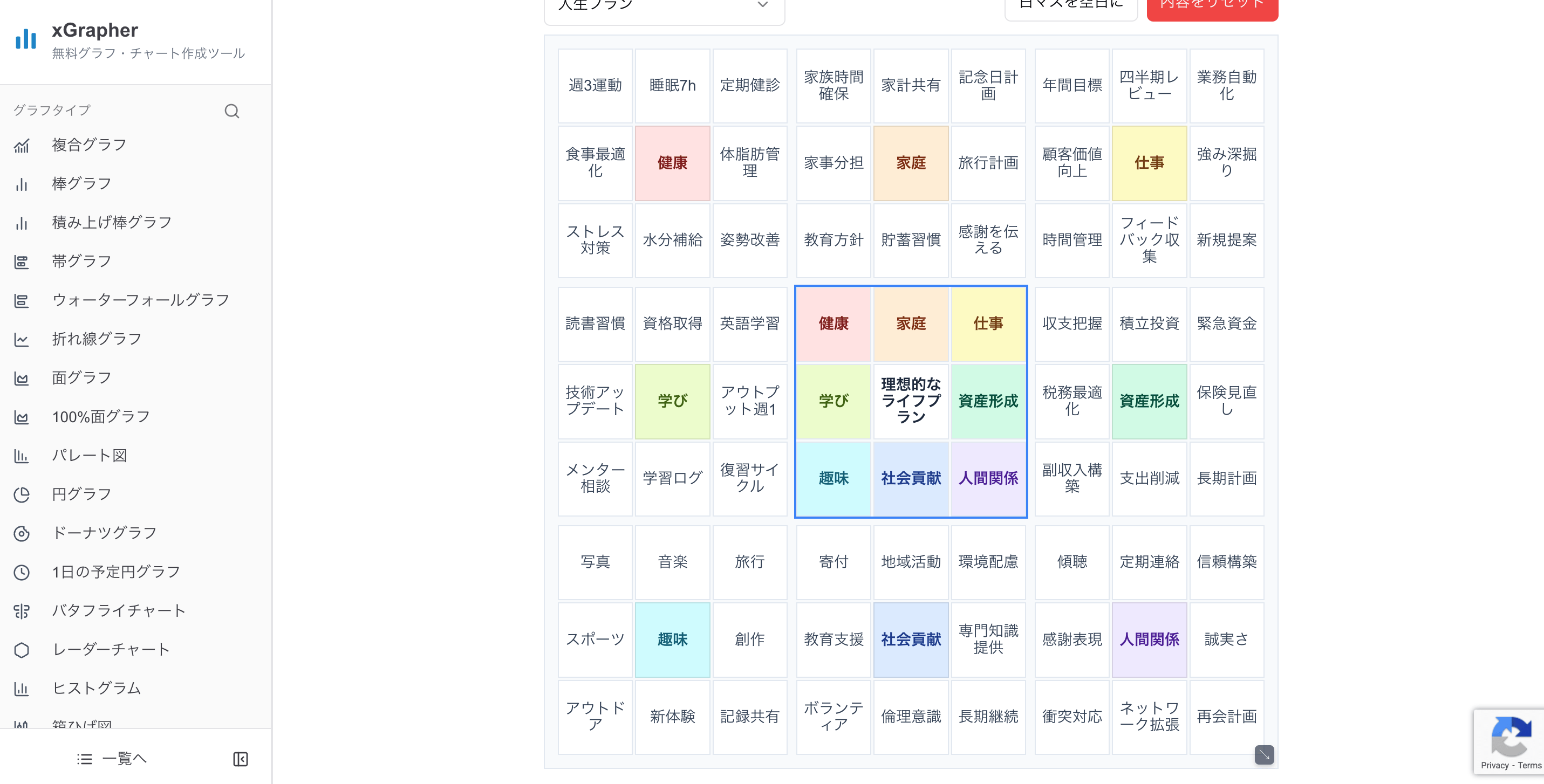 xGrapherのマンダラチャート作成画面